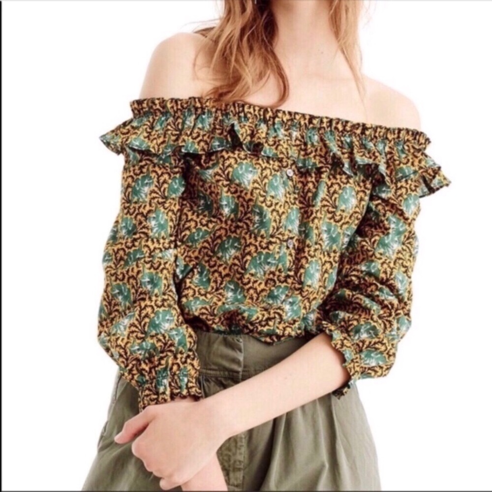J. Crew Ratti Elephant Print Top Green and Gold 6 NWT